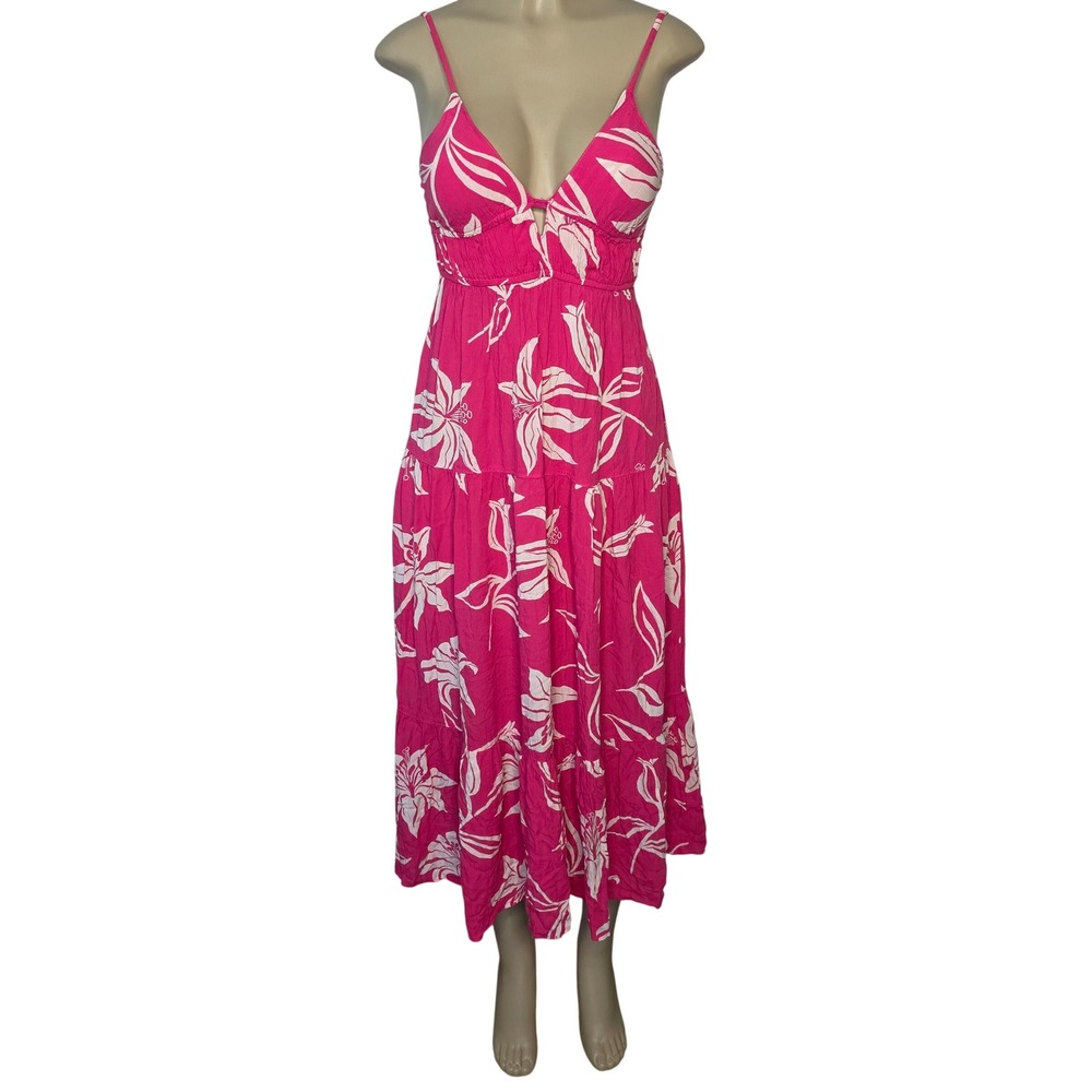 Angie Dress Women S Pink Floral Tiered Midi Sun Dress Cutout Back Tropical Rayon